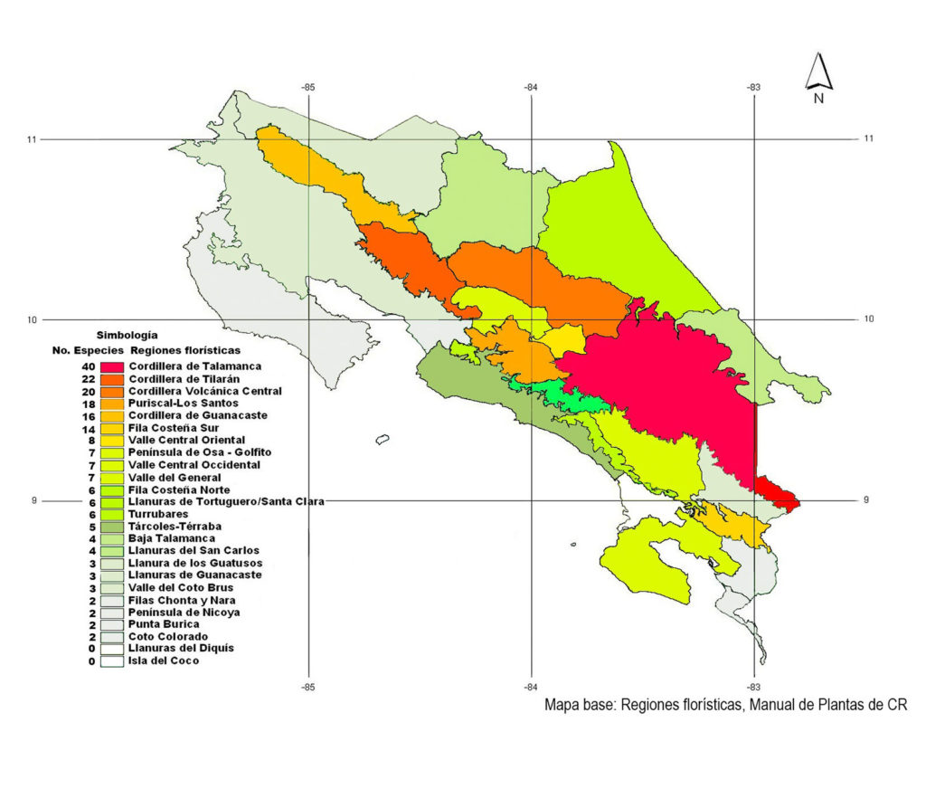 Distribución de la riqueza de especies de Begonia por regiones florísticas del país, según datos del Herbario Nacional.