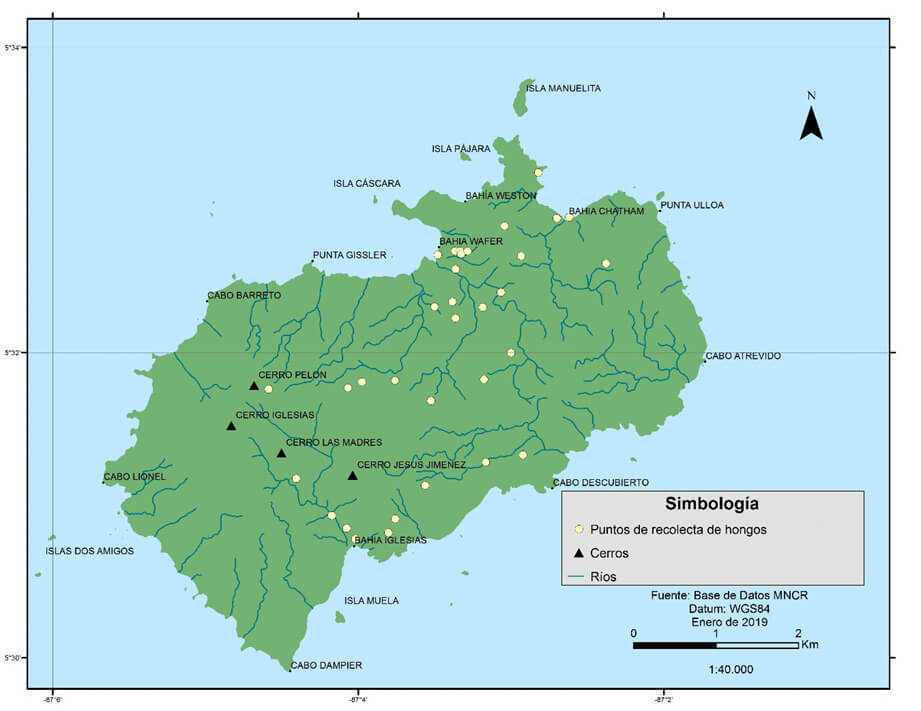 Localidades de recolecta de hongos en la Isla del Coco.