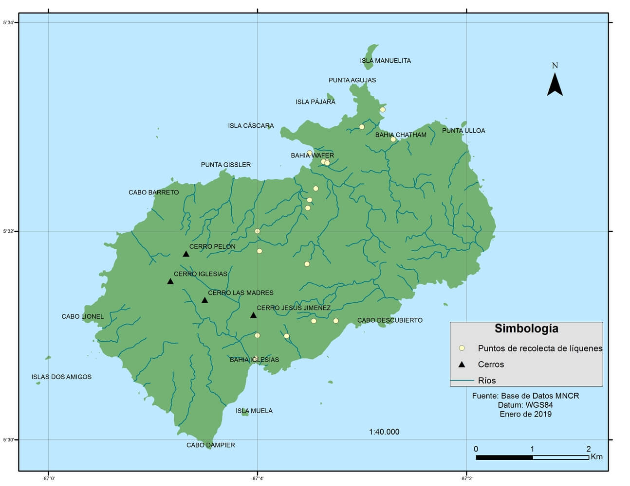 Localidades de recolecta de líquenes en la Isla del Coco.