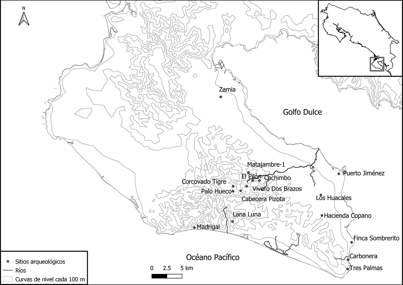 Sitios asociados al Período Chiriquí, península de Osa (Base Orígenes, MNCR) Dibujo por Iván Alfaro