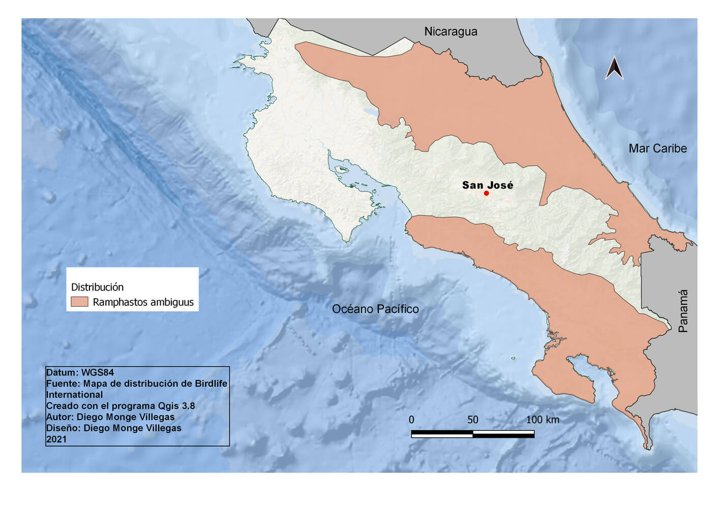 Distribución del tucán pico castaño, Ramphastos ambiguus