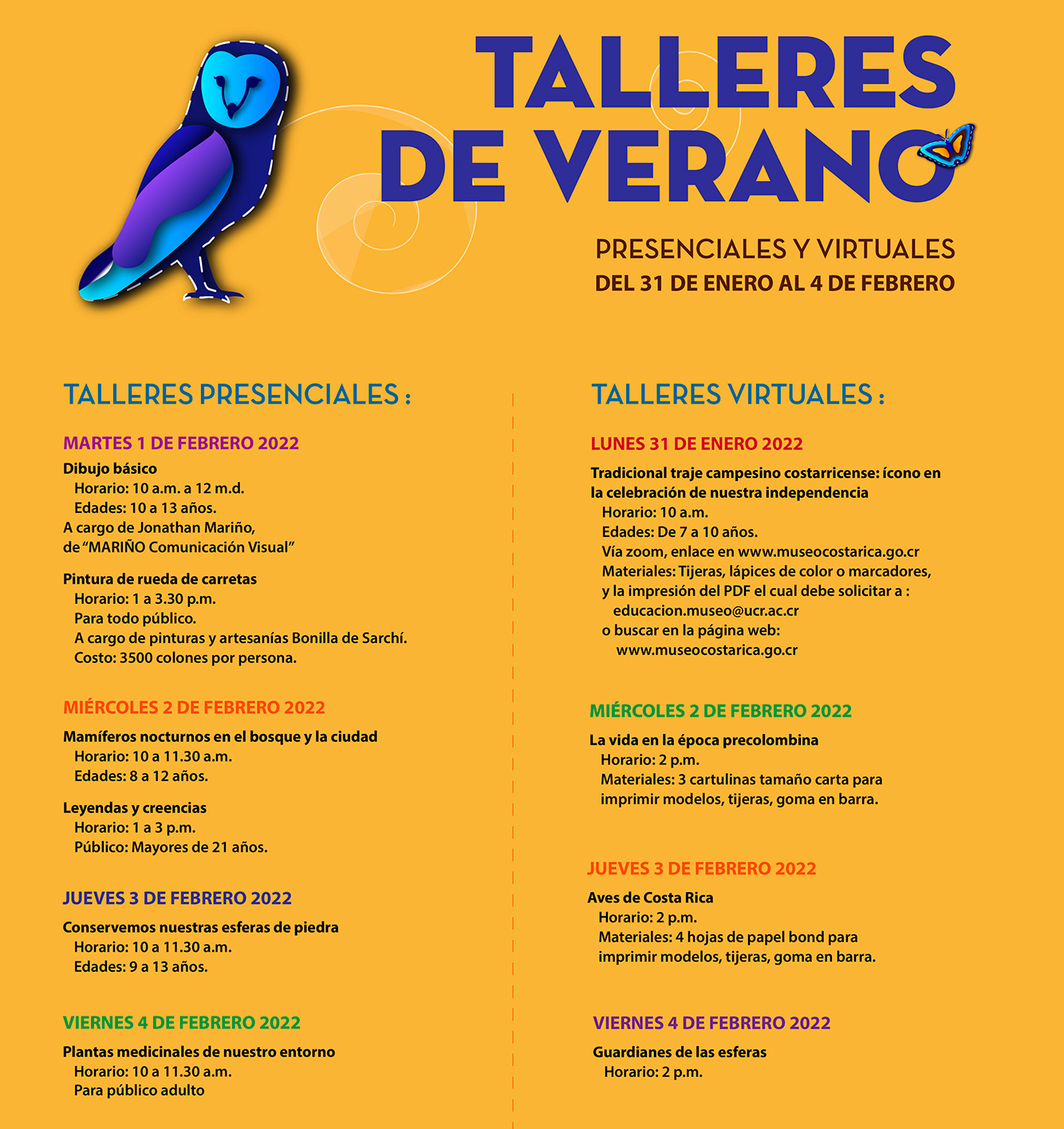 Agenda de Talleres de Verano 2022 Museo Nacional de Costa Rica
