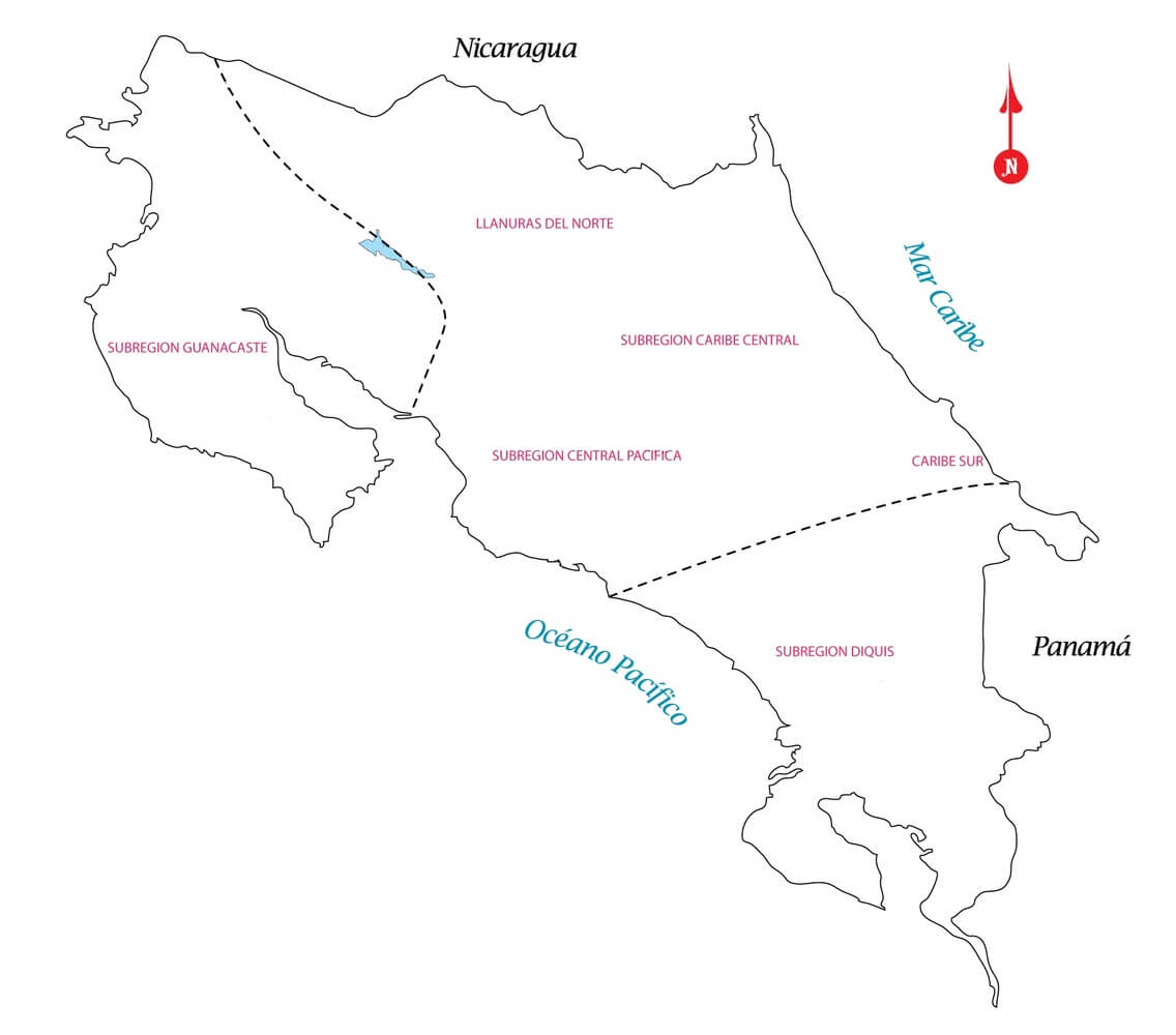 Mapa de regiones arqueológicas de Costa Rica