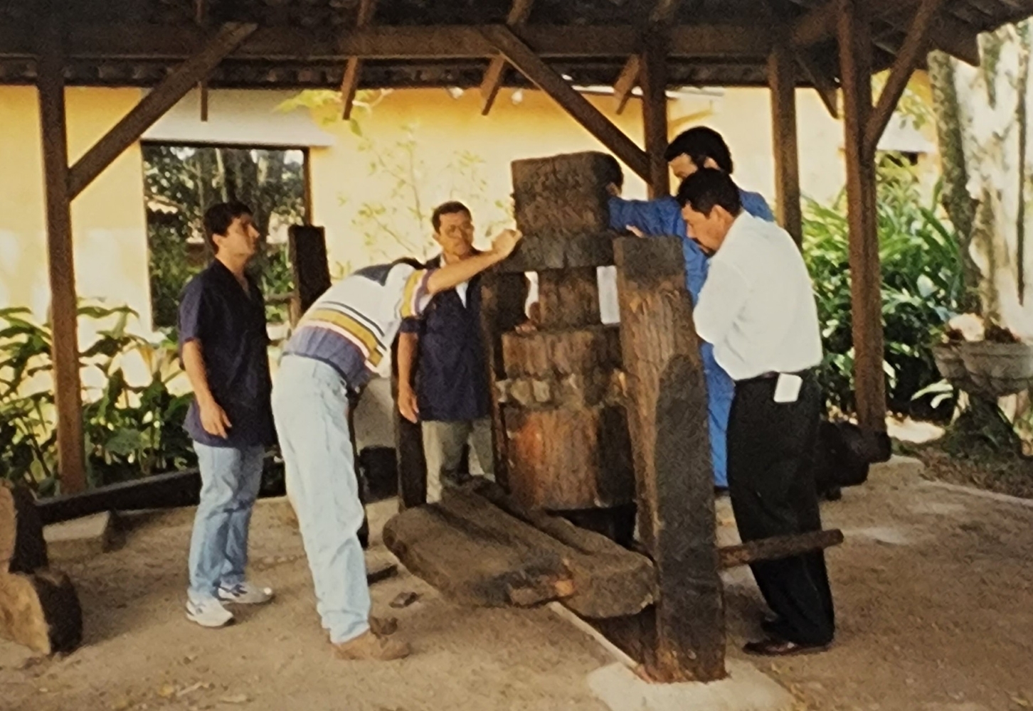 Funcionarios del Departamento de Protección del Patrimonio Cultural participaron en la instalación del trapiche en el jardín del Museo Nacional de Costa Rica.
