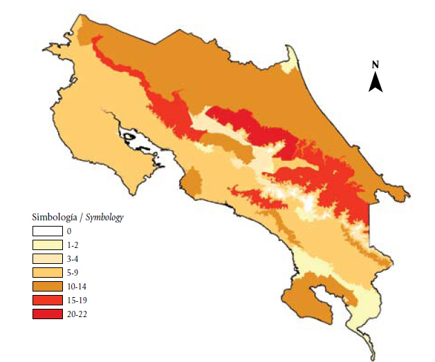 Distribución geográfica de la riqueza de pasifloras en Costa Rica